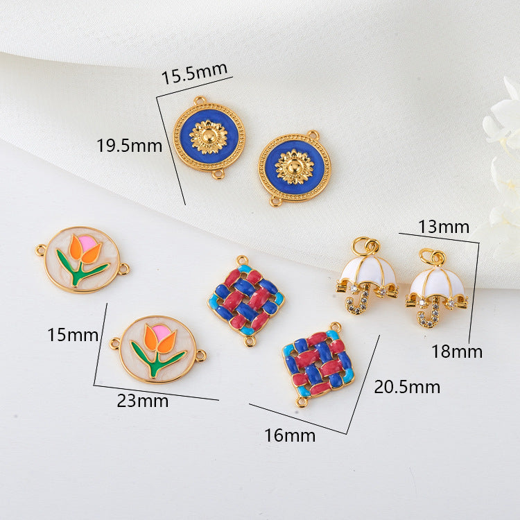 2 Square Plait Umbrella Tulip Sun Charm Pendant Enamel Epoxy 14K GF