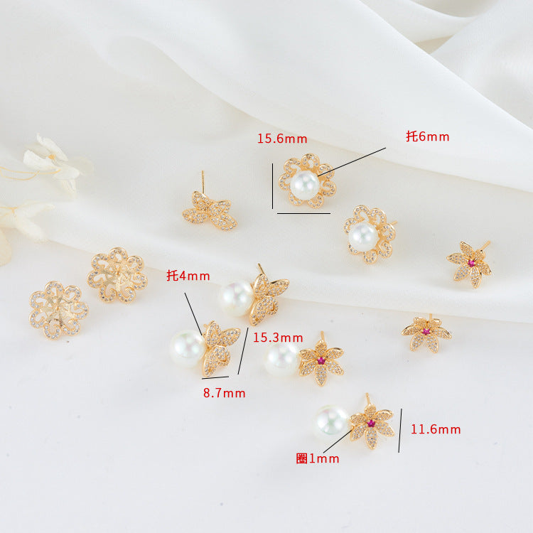 4 boucles d'oreilles florales à tige ornées de strass 14 carats GF, perles semi-percées vierges