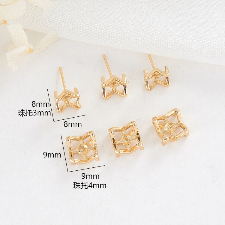 4 Plain Square Frame Stud Earrings 14K GF Earing Half Drilled Pearl Bead Blank