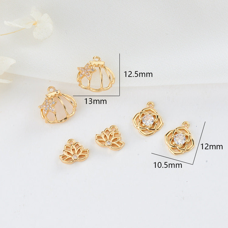 2 Hollow Floral Shell Charm Pendant Rhinestone Embellished 14K GF