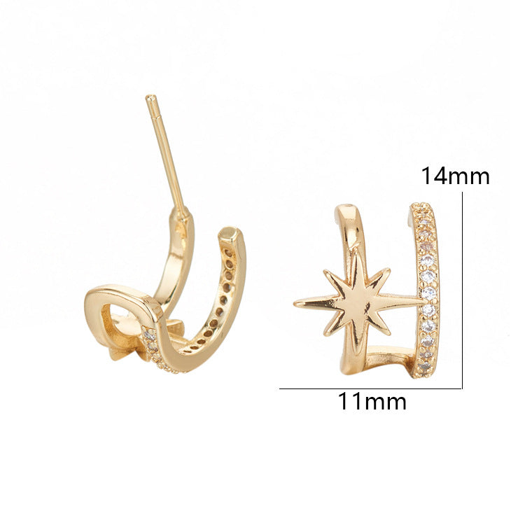 4 boucles d'oreilles à tige étoile en demi-cercle ornées de strass 14K GF Earing