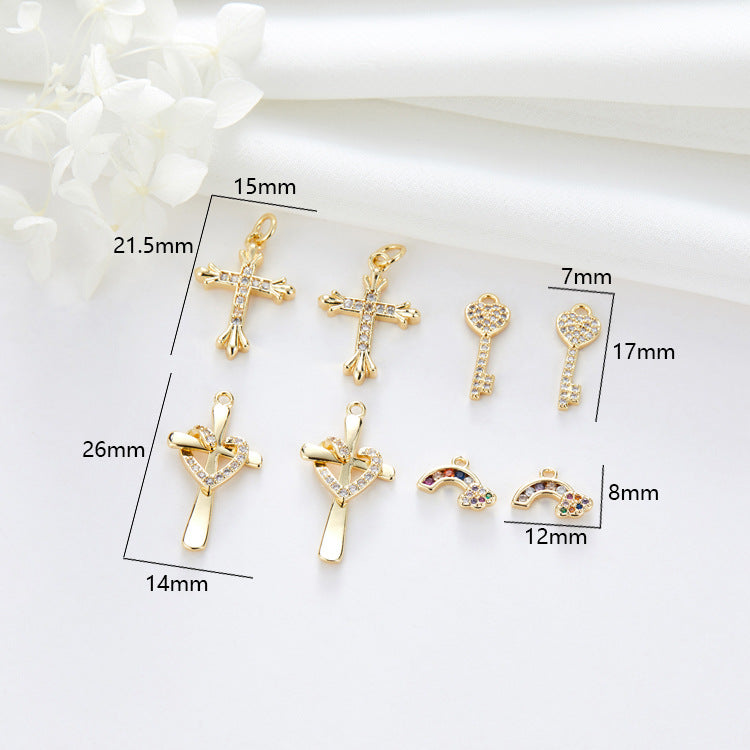 2 Cat Palm Cross Key Charm Pendant Rhinestone Embellished 14K GF