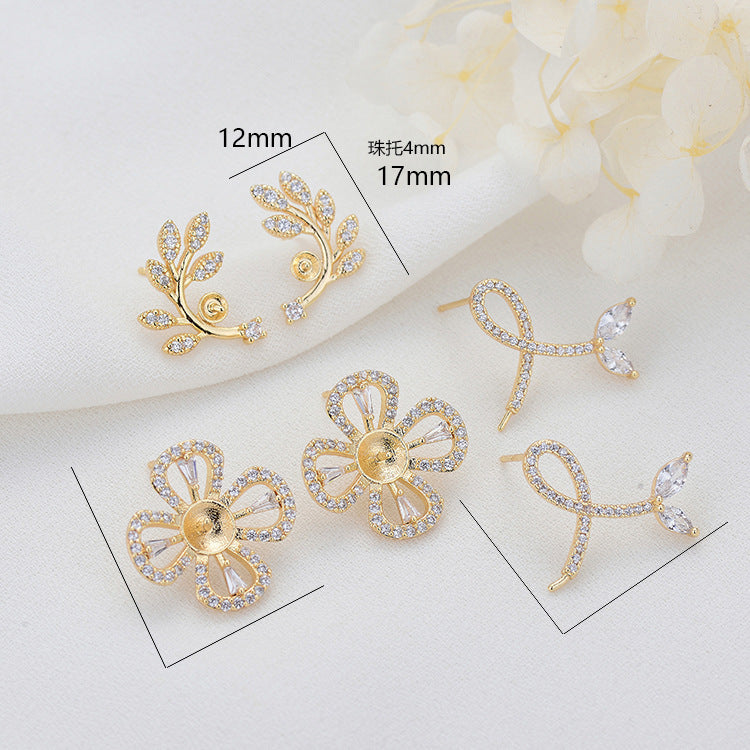 4 Leaf Vine Stud Earrings Rhinestone Embellished 14K GF Earing Half Drilled Pearl Bead Blank