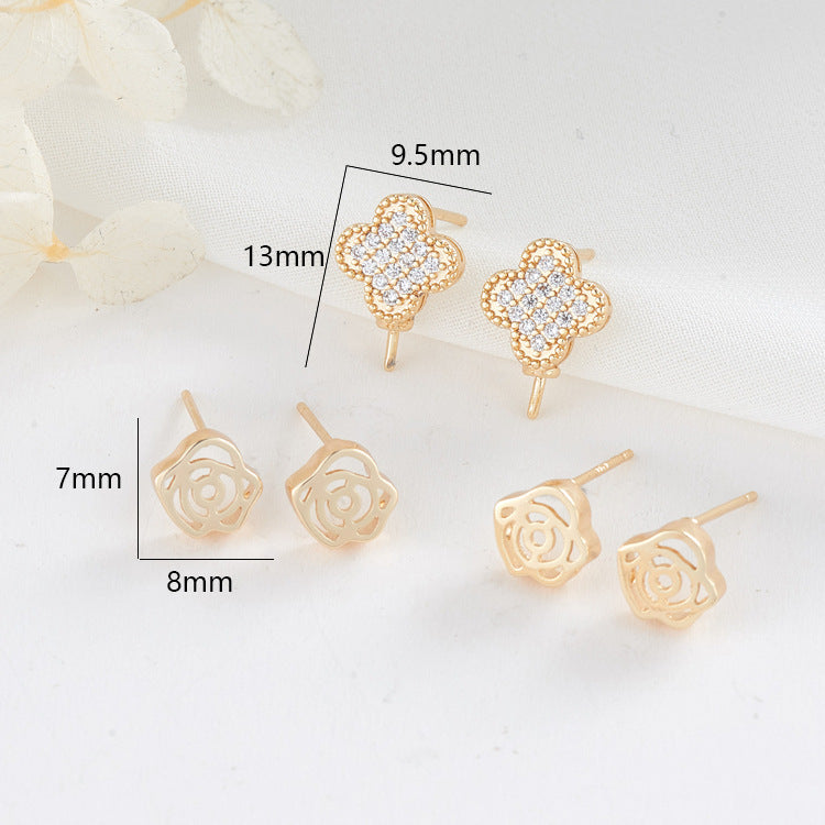 4 Floral Stud Earrings 14K GF Rhinestone Embellished Earing