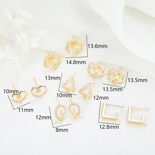 4 Floral Stud Earrings Rhinestone Embellished 14K GF Earing Half Drilled Pearl Bead Blank