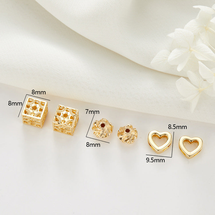 10 Tiny Heart Floral Hollow Cube Bead 14K GF Charm Beadwork Spacer