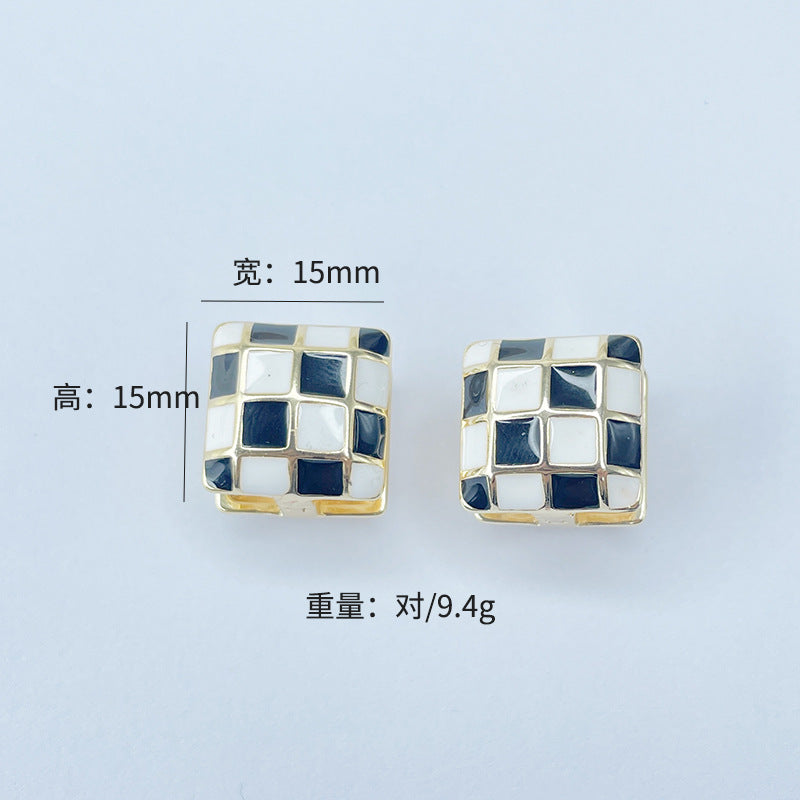 4 Black and White Grid Square Heart Hoop Earrings Enamel Epoxy 14K GF Earing