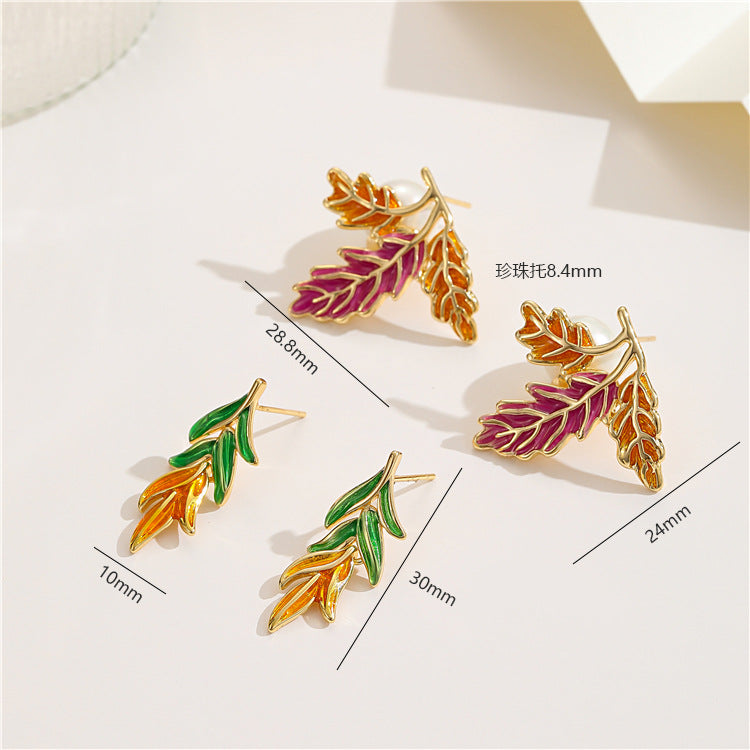 2 pairs Leaf Stud Earrings 14K GF Enamel Epoxy Earing with Pin Top Drilled Pearl Bead Blank Setting