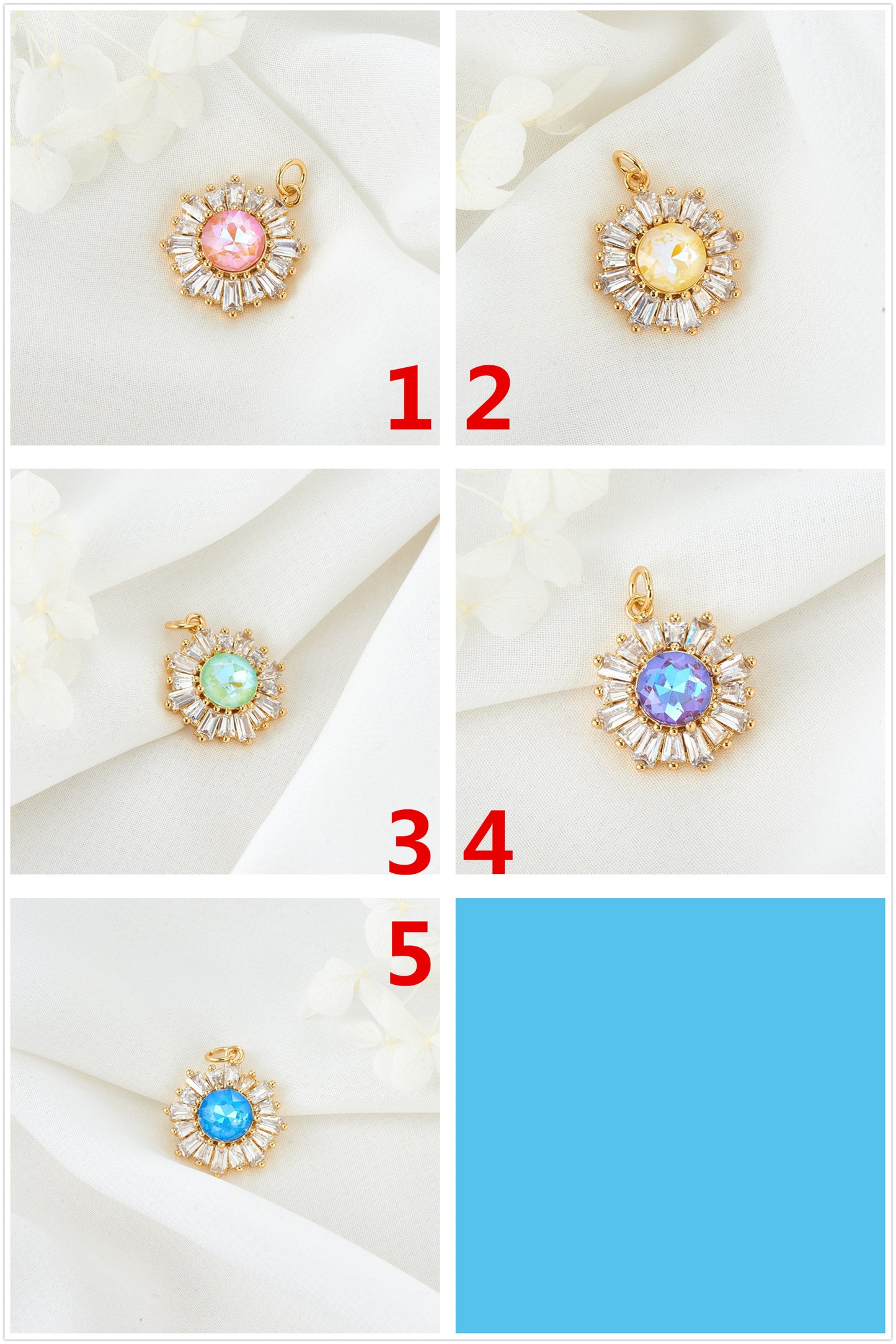 2 Round Floral Charm Pendant Rhinestone Embellished 14K GF