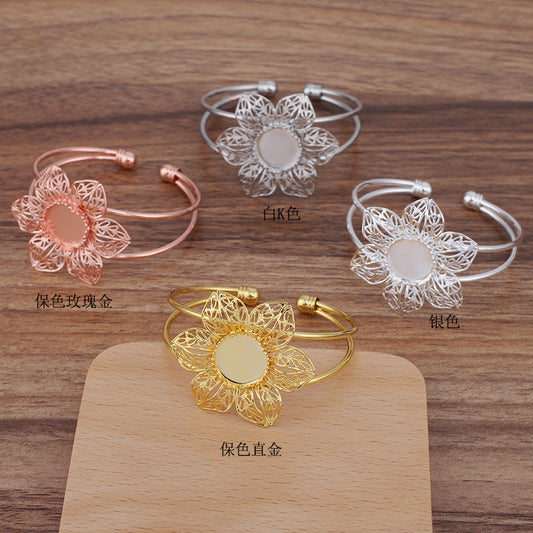 5 Filigrane Floral Charm Scallop Edge Bezel Cup Two Row Open Circle Bangle 18KGP 15mm Round Cabochon Blank Base Gemstone Setting