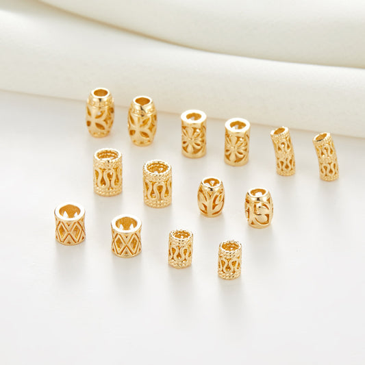 10 Tiny Hollow Floral Drum Column Bead 14K GF Charm Beadwork Spacer