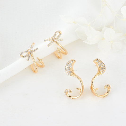 4 Bowknot Vine Crown Stud Earrings Rhinestone Embellished 14K GF Earing Half Drilled Pearl Bead Blank