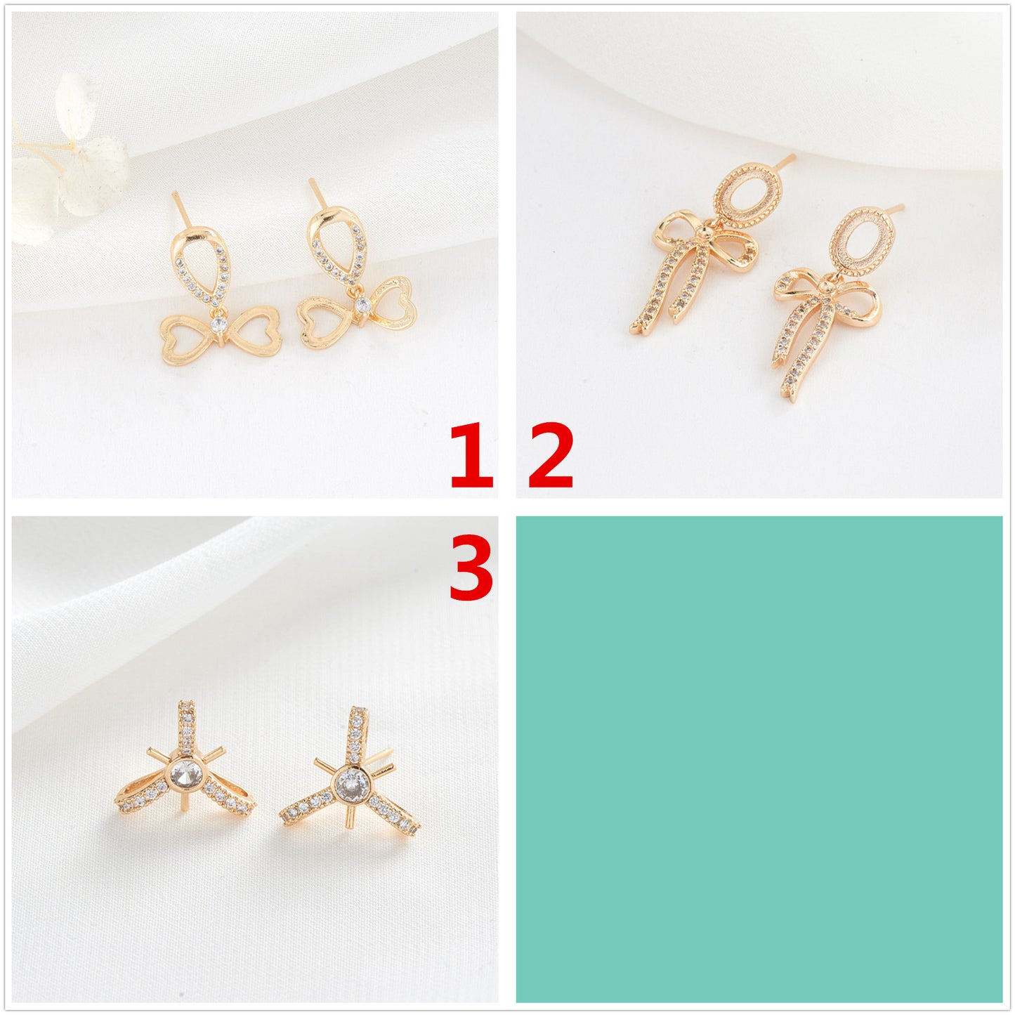 4 boucles d'oreilles à nœud papillon ornées de strass 14K GF Earing