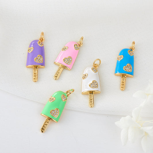 2 Ice Cream Charm Pendant Rhinestone Embellished 14K GF