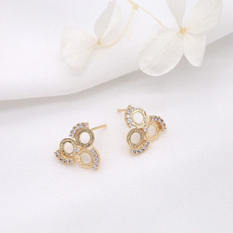 4 Three Round Pad Stud Earrings Rhinestone Embellished 14K GF Earing Flat Back Pearl Cabochon Base Blank