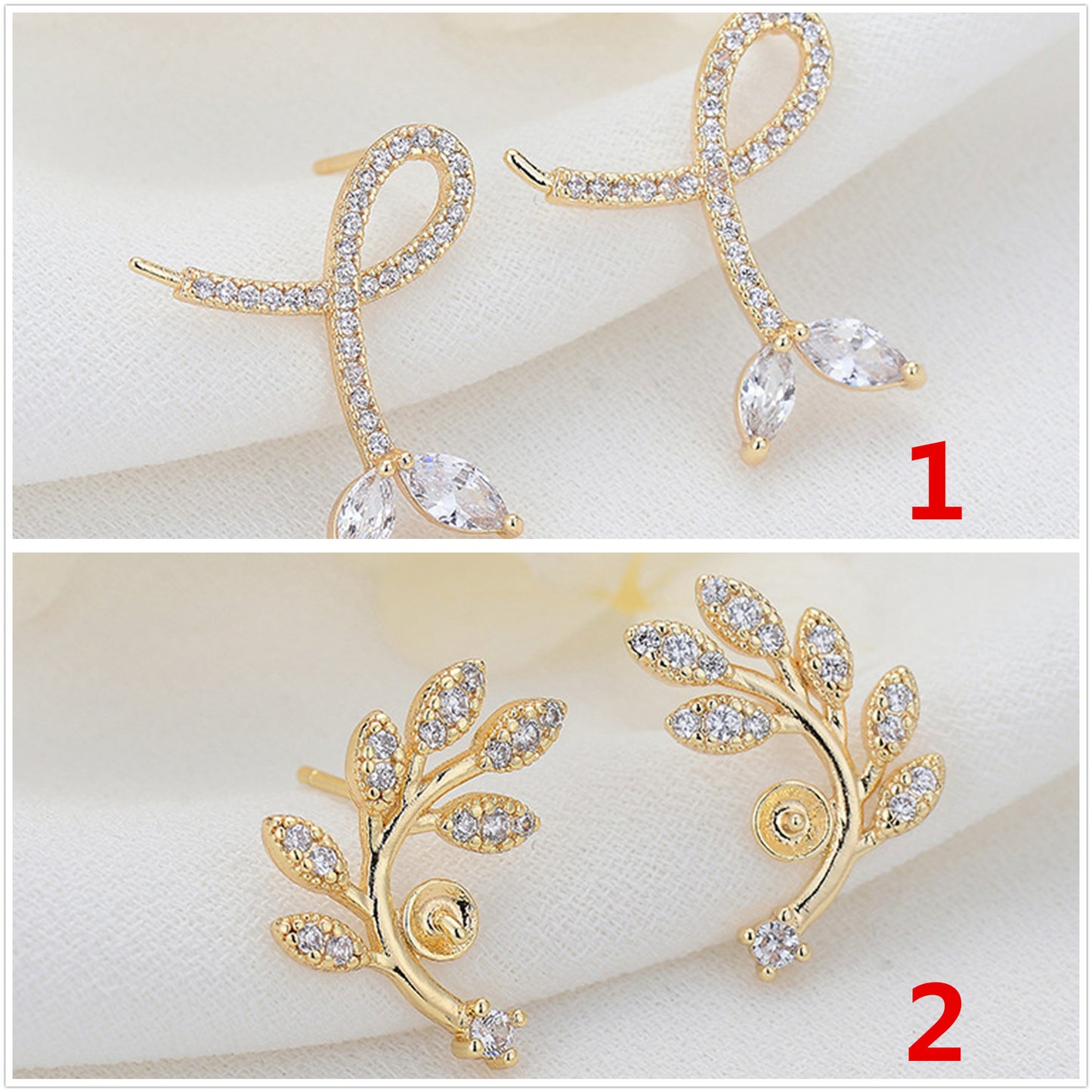 4 Leaf Vine Stud Earrings Rhinestone Embellished 14K GF Earing Half Drilled Pearl Bead Blank