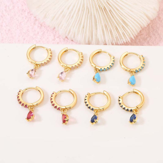 4 Waterdrop Charam Round Hoop Earrings Rhinestone Embellished 14K GF Earing