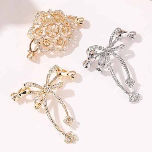 2 Bowknot Floral Clasp 14K GF Rhinestone Embellished Clasps Connector Half Drilled Pearl Bead Blank Setting