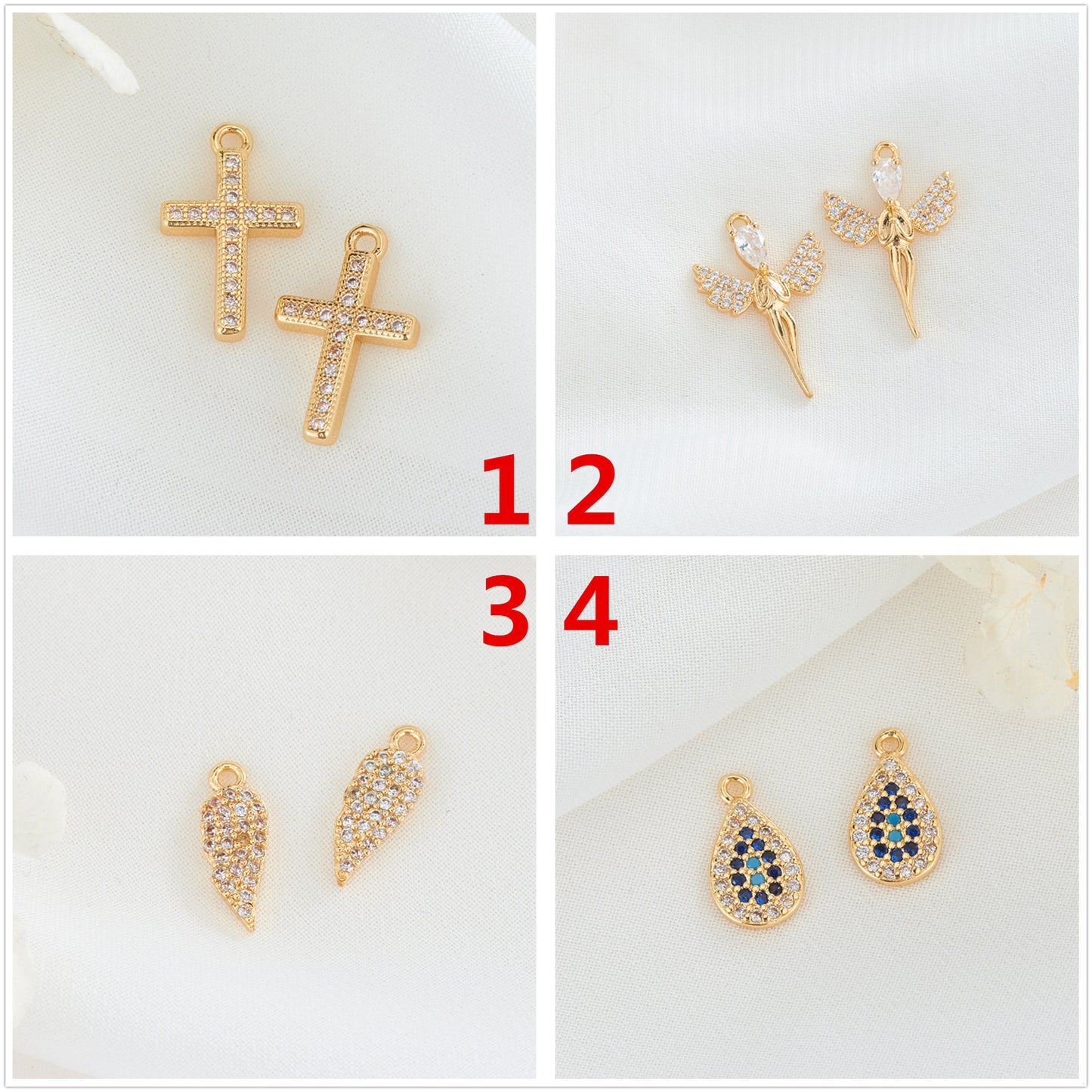 2 pendentif à breloque goutte d'eau croix aile d'ange strass embelli 14K GF