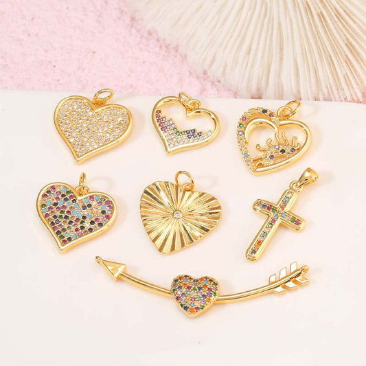 2 Heart Cross Arrow Charm Pendant Rhinestone Embellished 14K GF