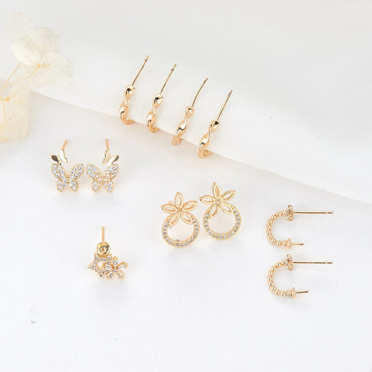 4 Floral Circle Butterfly Star Stud Earrings Rhinestone Embellished 14K GF Earing Half Drilled Pearl Bead Blank