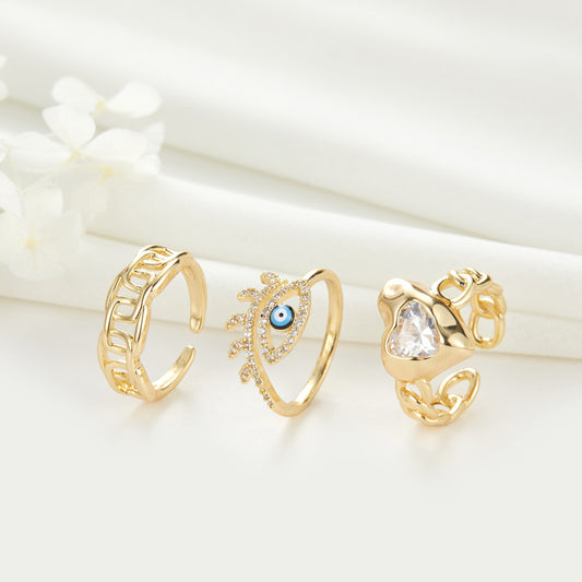 2 cercle ouvert mauvais œil coeur câble chaîne déclaration anneau strass embelli 14K GF