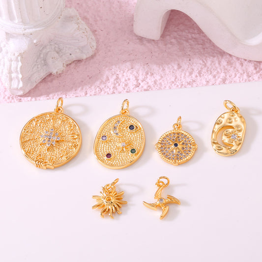 2 Star Moon Sun Coin Charm Pendant Rhinestone Embellished 14K GF