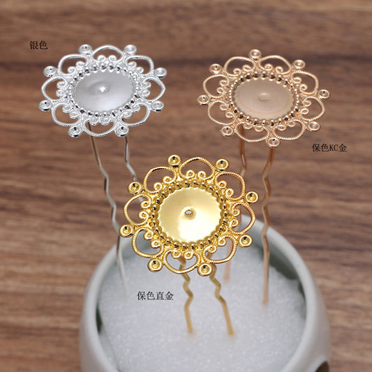 20 Filigree Floral Charm Hair Fork Hairpin 18KGP 12mm Round Cabochon Blank Base Gemstone Piece Setting