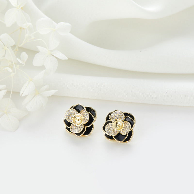 4 Floral Stud Earrings Enamel Epoxy Rhinestone Embellished 14K GF Earing Half Drilled Pearl Bead Blank