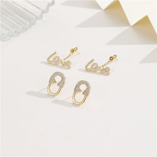 2 pairs Love Oval Circle Stud Earrings 14K GF Rhinestone Embellished Earing