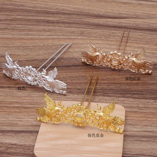 5 Phoenix Floral Charm Hair Fork Hairpin 18KGP 5mm 10x15mm Round Oval Cabochon Blank Base Gemstone Piece Setting