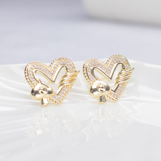 4 Heart Stud Earrings Rhinestone Embellished 14K GF Earing