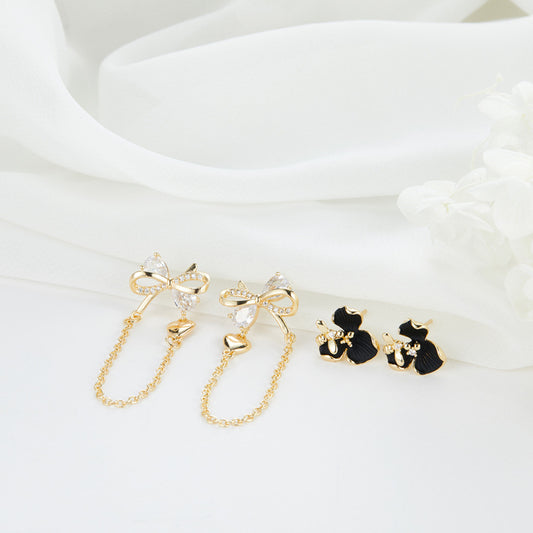 4 Bowknot with Chain Bee on Floral Stud Earrings 14K GF Enamel Epoxy Rhinestone Embellished Earing