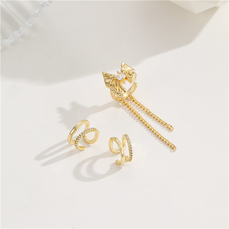 4 boucles d'oreilles à nœud papillon, grimpeur, sans perçage, strass embelli, 14K GF