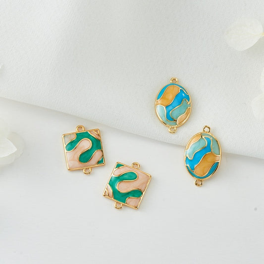 2 Double Looped Camouflage Color Oval Square Charm Connector Enamel Epoxy 14K GF