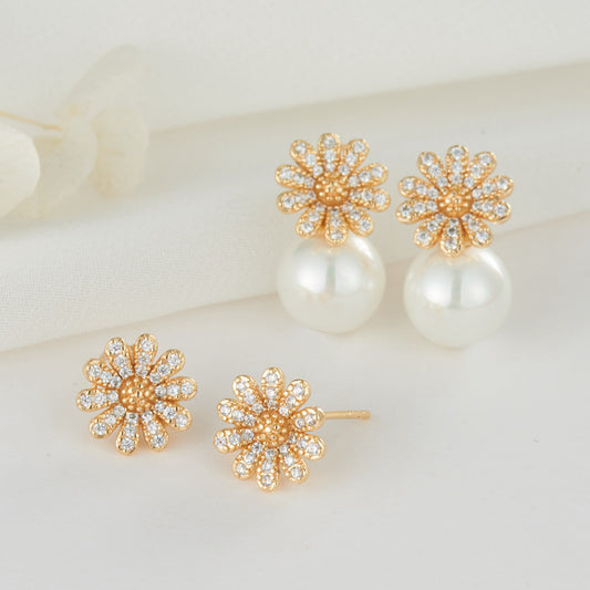 4 Daisy Floral Stud Earrings Rhinestone Embellished 14K GF Earing Half Drilled Pearl Bead Blank