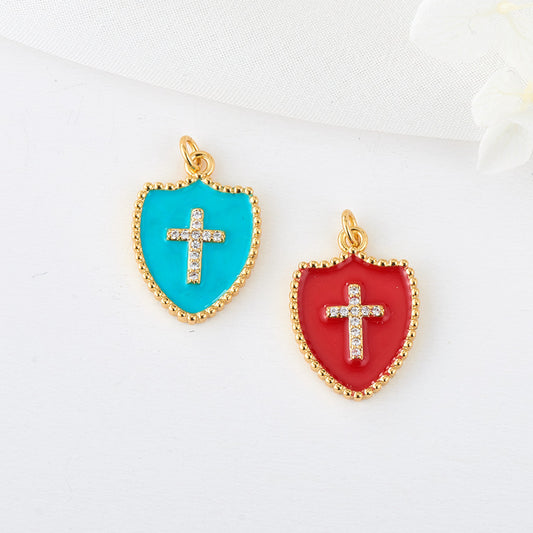 2 Cross Shield Charm Pendant Enamel Epoxy 14K GF Rhinestone Embellished