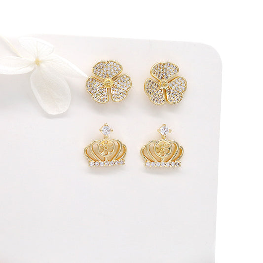 4 boucles d'oreilles à tige en forme de couronne florale, ornées de strass, 14K GF, boucles d'oreilles à moitié percées, perle vierge