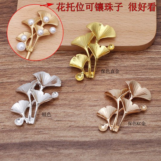 20 Ginkgo Leaf Charm Hair String Buckle 18KGP 4-8mm Round Nonporous Bead Blank Base Gemstone Beads Setting