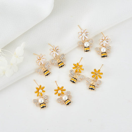 4 Bee Charm Daisy Floral Stud Earrings Enamel Epoxy 14K GF Rhinestone Embellished Earing