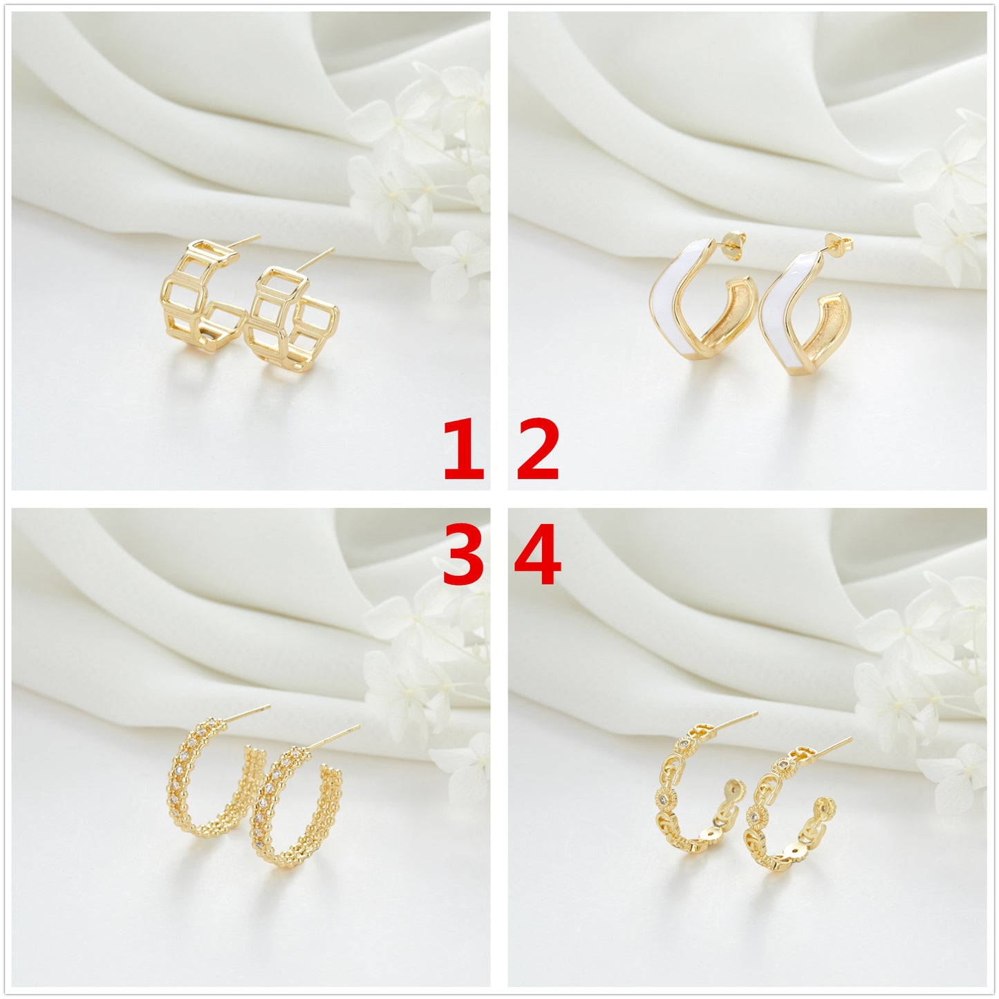 4 Hollow Cable Chain Square Circle Hoop Earrings Rhinestone Embellished 14K GF Earing