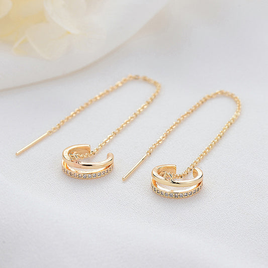 4 boucles d'oreilles à cercle ouvert, longue chaîne de câble, enfileur, boucles d'oreilles à clous ornées de strass, 14K GF