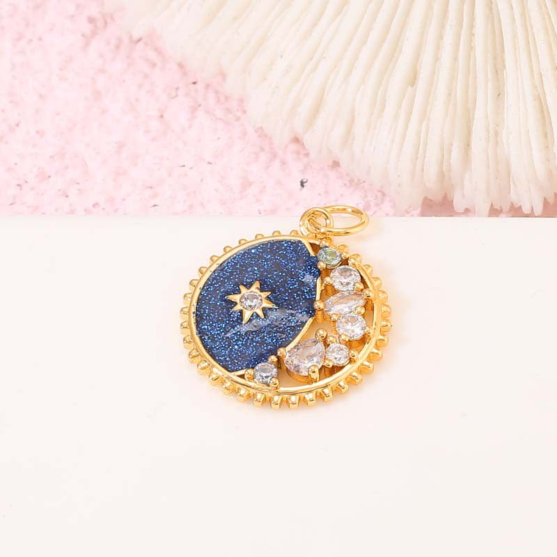 2 Moon Star Charm Pendant Enamel Epoxy 14K GF Rhinestone Embellished