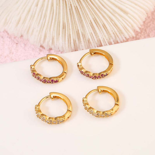 4 Round Circle Hoop Earrings Rhinestone Embellished 14K GF Earing