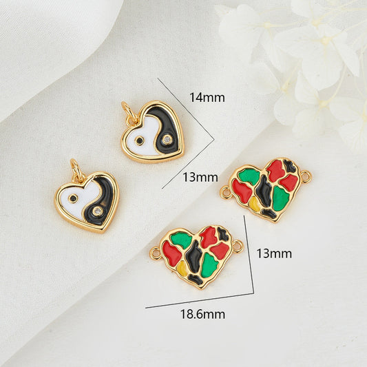 2 Double Looped Colorful Heart Tai Ji Charm Pendant 14K GF