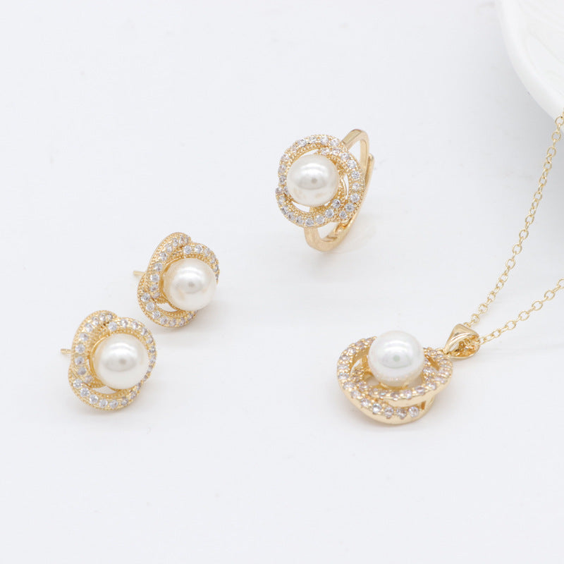 2 Pearl Rhinestone Embellished Bowknot Charm Pendant Necklace Stud Earrings Statement Ring 14K GF