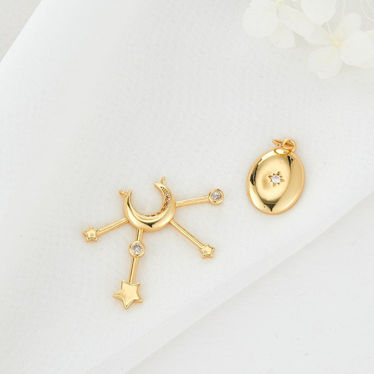 2 Star Moon Charm Pendant Rhinestone Embellished 14K GF