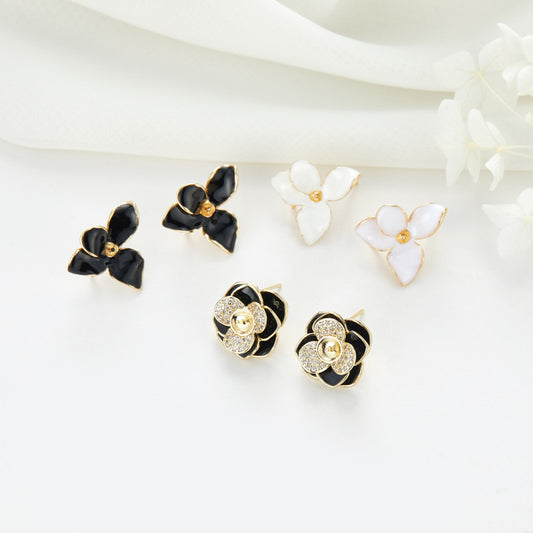 4 Floral Stud Earrings Enamel Epoxy Rhinestone Embellished 14K GF Earing Half Drilled Pearl Bead Blank