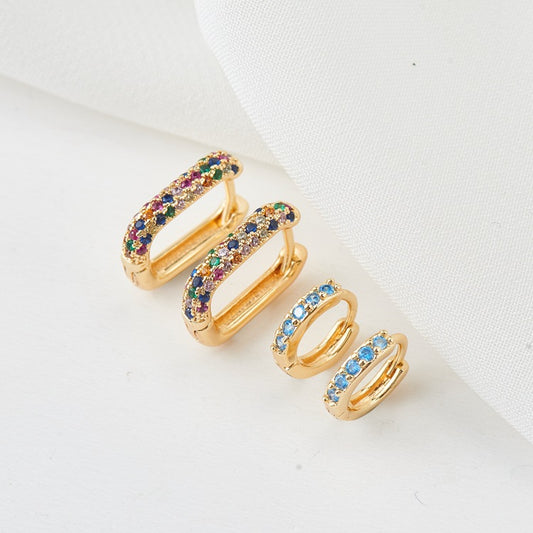 4 Colorful Rectangle Round Circle Hoop Earrings Rhinestone Embellished 14K GF Earing