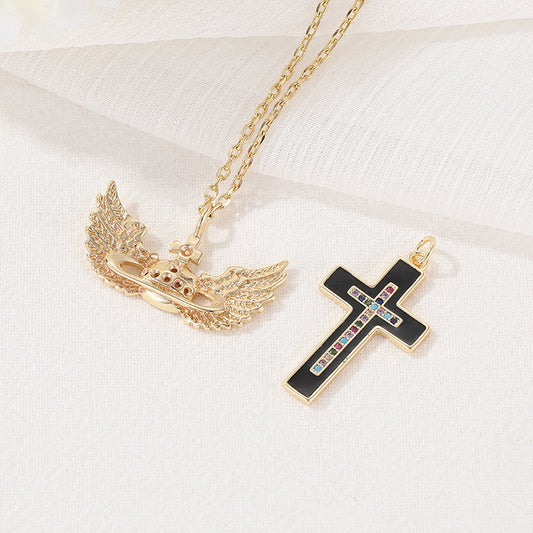 2 Cross Angel Wing Charm Pendant Rhinestone Embellished 14K GF